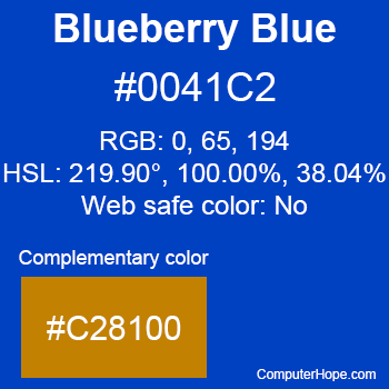 Example of Blueberry Blue color or HTML color code #0041C2 with complementary color #C28100.