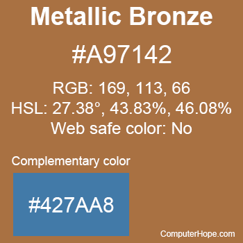 Example of Metallic Bronze color or HTML color code #A97142 with complementary color #427AA8.